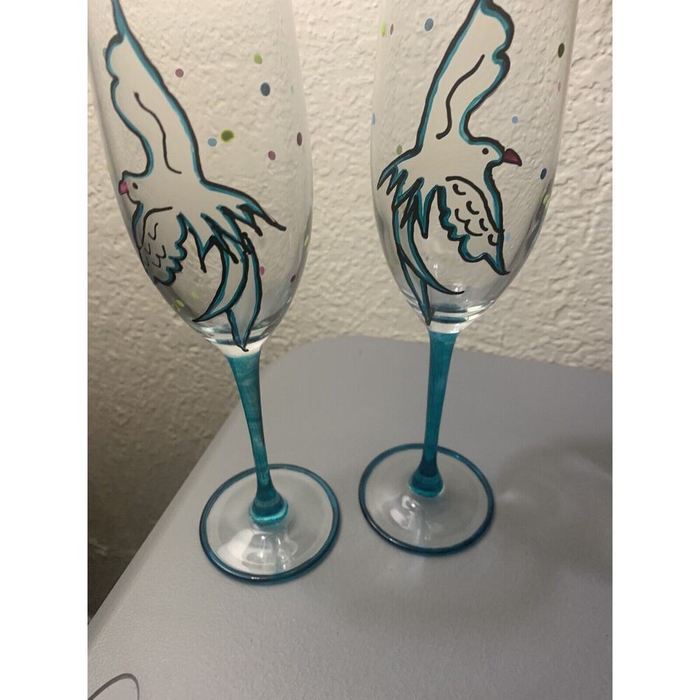 Island Shop Bermuda Long Flute Champagne Glass Hand Painted Birds Wine Bar